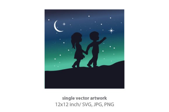 Kids and Starry Night, Vector Graphics