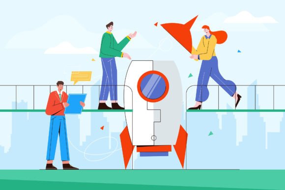 Team Building a Rocket Concept: Graphics for Local Business Branding